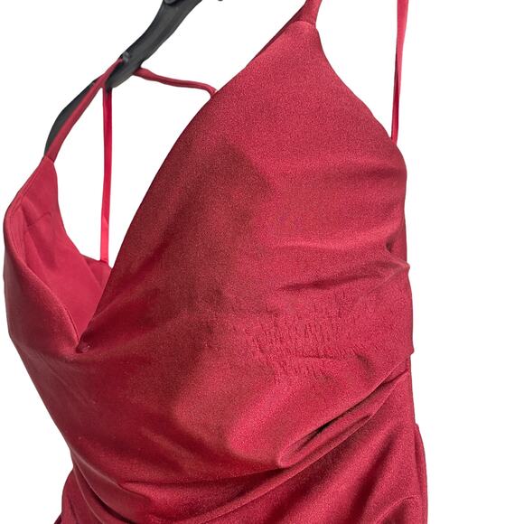 La Femme Cross Back Satin Jersey Trumpet Gown - Burgundy - 2 - Picture 4 of 7